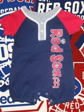 Boston Red Sox Girl's MLB Navy Blue, Red & Heather Grey Baby Romper
